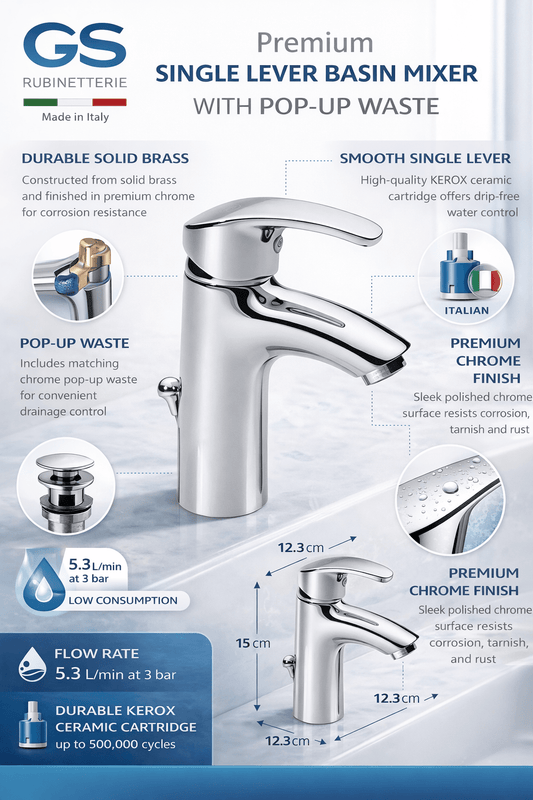 GS Rubinetterie GLASS Single Lever Basin Mixer With Pop Up Waste, Chrome