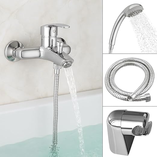 GS Rubinetterie GLASS Wall Mounted Single Lever Bath Shower Mixer With Hand Shower Set, Chrome
