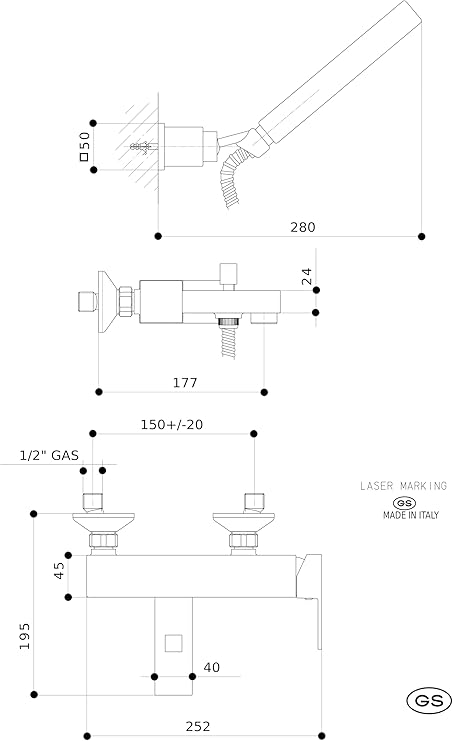 GS Rubinetterie INDACO Wall Mounted Single Lever Bath Shower Mixer With Hand Shower Set, Chrome