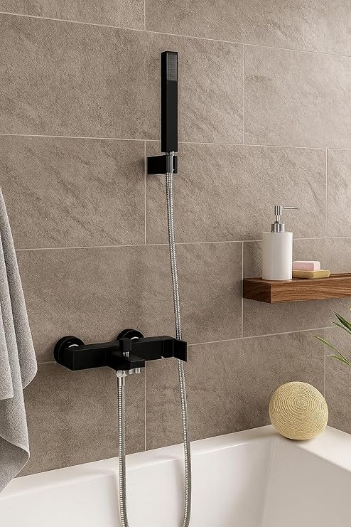 GS Rubinetterie INDACO Wall Mounted Single Lever Bath Shower Mixer With Hand Shower Set, Matt Black