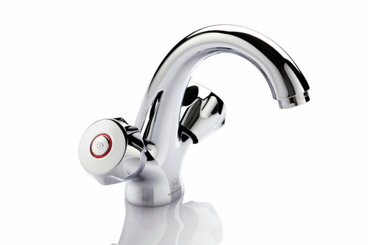 GS Rubinetterie Mercury Chrome Twin Handle Basin Mixer Tap with Pop-Up Waste and Curved Spout