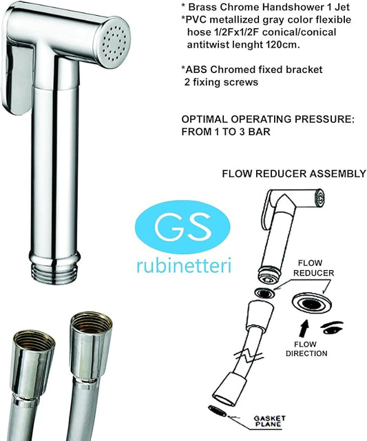 GS Rubinetterie Premium Brass Chrome Shattaf Set, 1/2" Handheld Bidet Sprayer with 1 Jet, 120cm Flexible Hose, Anti-Twist