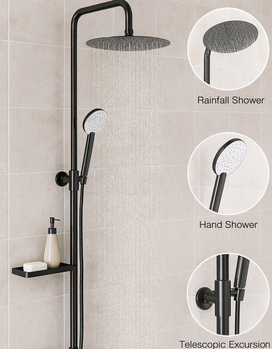 GS Rubinetterie Premium Shower Column, 300mm Round Rainfall Shower Head, Hand Shower with 150cm Double Interlocking Hose, Diverter, Matte Black