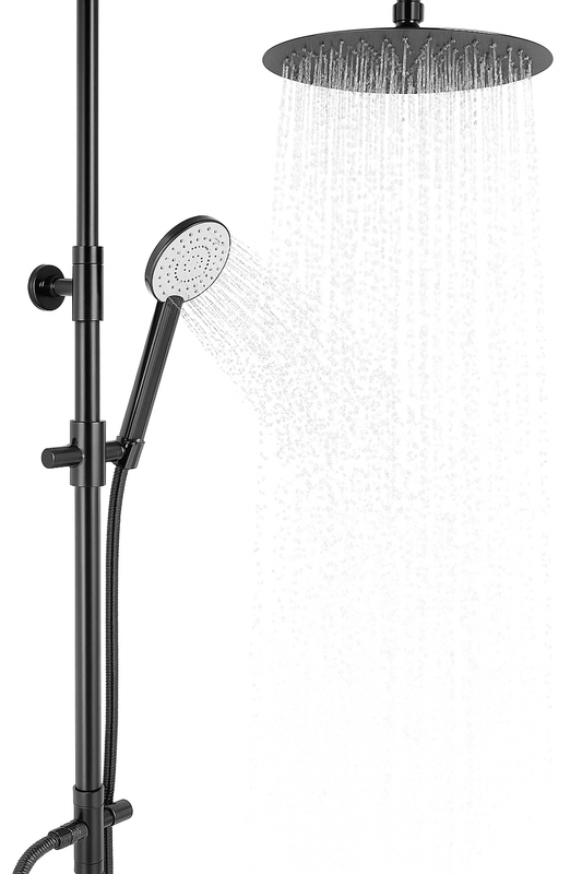 GS Rubinetterie Premium Shower Column, 300mm Round Rainfall Shower Head, Hand Shower with 150cm Double Interlocking Hose, Diverter, Matte Black