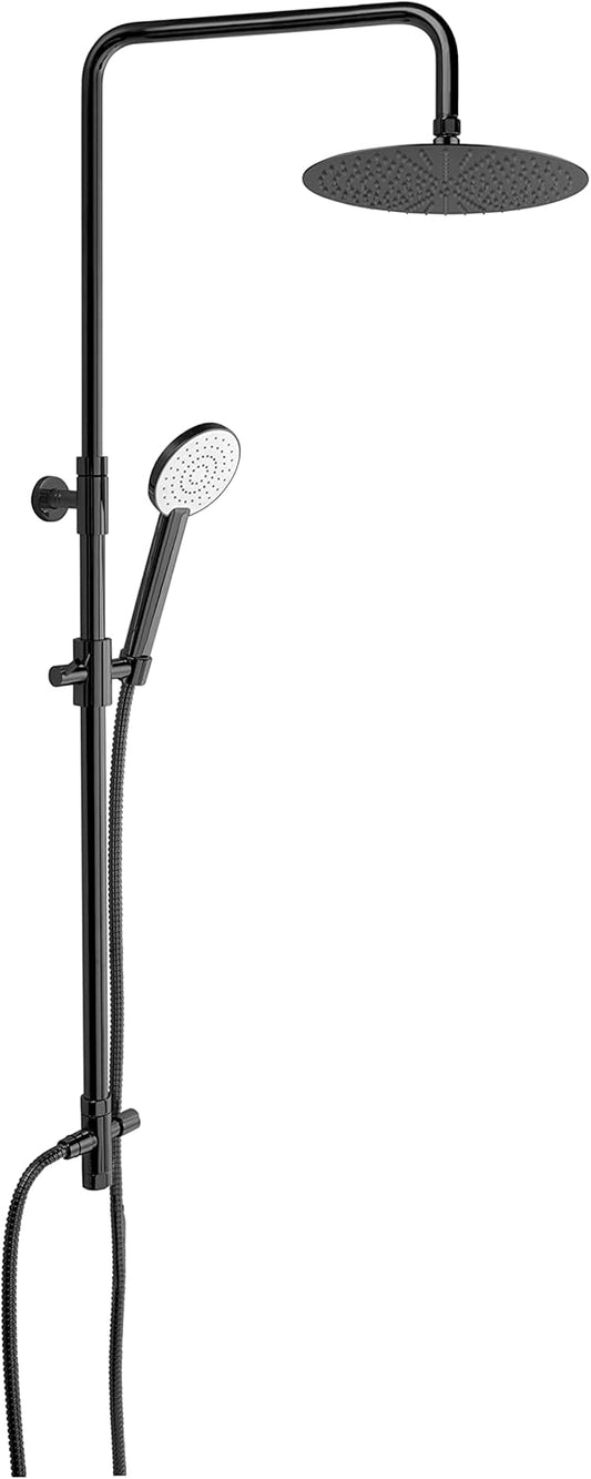 GS Rubinetterie Premium Shower Column, 300mm Round Rainfall Shower Head, Hand Shower with 150cm Double Interlocking Hose, Diverter, Matte Black
