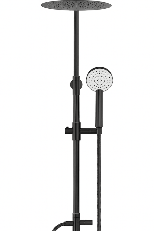 GS Rubinetterie Premium Shower Column, 300mm Round Rainfall Shower Head, Hand Shower with 150cm Double Interlocking Hose, Diverter, Matte Black