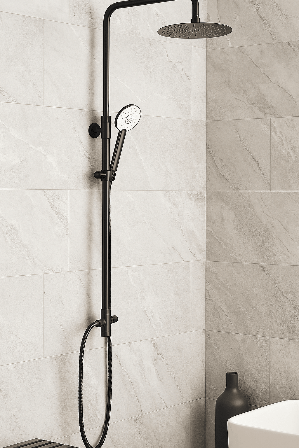 GS Rubinetterie Premium Shower Column, 300mm Round Rainfall Shower Head, Hand Shower with 150cm Double Interlocking Hose, Diverter, Matte Black