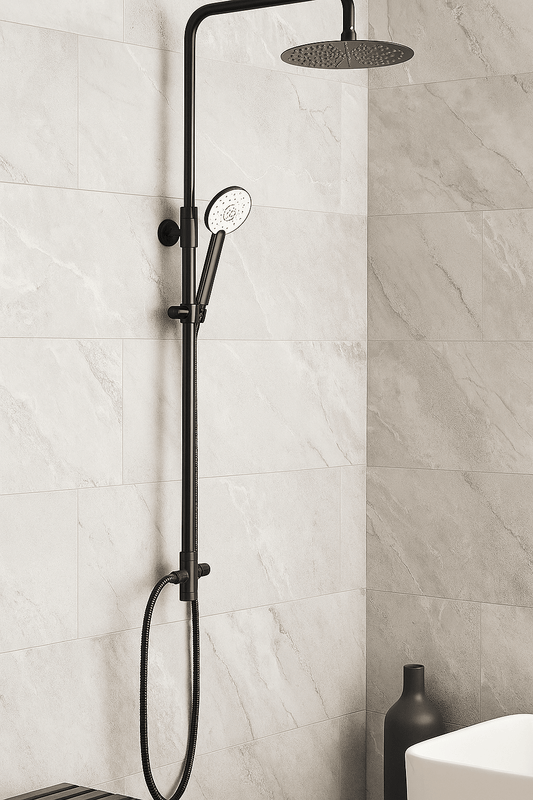 GS Rubinetterie Premium Shower Column, 300mm Round Rainfall Shower Head, Hand Shower with 150cm Double Interlocking Hose, Diverter, Matte Black