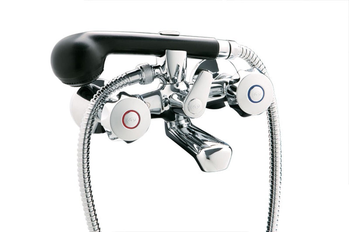 GS Rubinetterie Premium Wall Mounted Bath & Shower Mixer Tap with Hand Shower, Dual Knob Hot & Cold Control, Chrome Finish