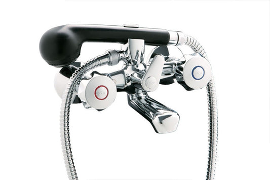 GS Rubinetterie Premium Wall Mounted Bath & Shower Mixer Tap with Hand Shower, Dual Knob Hot & Cold Control, Chrome Finish