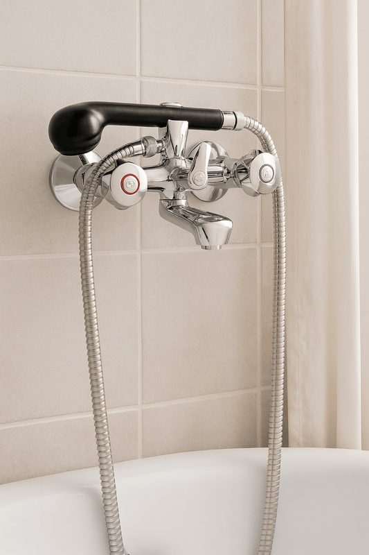 GS Rubinetterie Premium Wall Mounted Bath & Shower Mixer Tap with Hand Shower, Dual Knob Hot & Cold Control, Chrome Finish