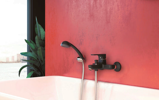 GS Rubinetterie Premium Wall Mounted Single Lever Bath Shower Mixer with Hand Shower Set, Black Chrome