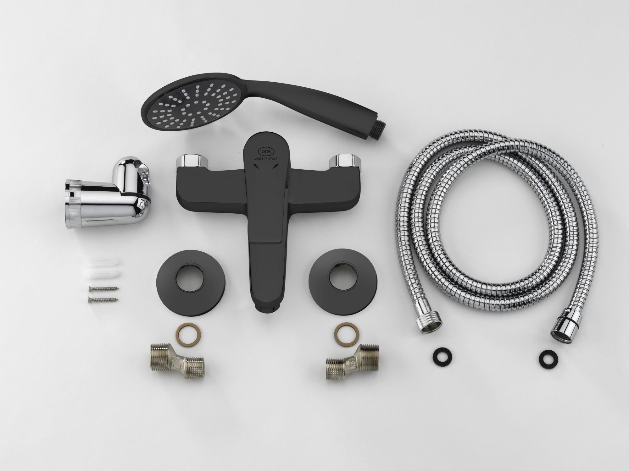 GS Rubinetterie Premium Wall Mounted Single Lever Bath Shower Mixer with Hand Shower Set, Black Chrome
