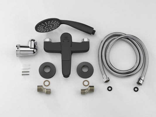 GS Rubinetterie Premium Wall Mounted Single Lever Bath Shower Mixer with Hand Shower Set, Black Chrome