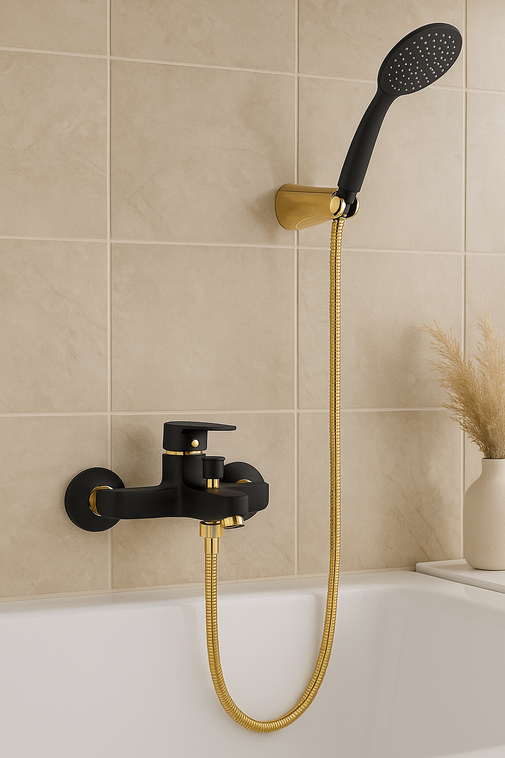 GS Rubinetterie Premium Wall Mounted Single Lever Bath Shower Mixer with Hand Shower Set, Black Gold