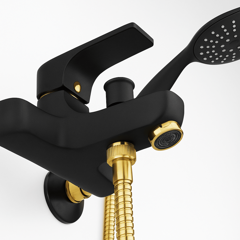 GS Rubinetterie Premium Wall Mounted Single Lever Bath Shower Mixer with Hand Shower Set, Black Gold