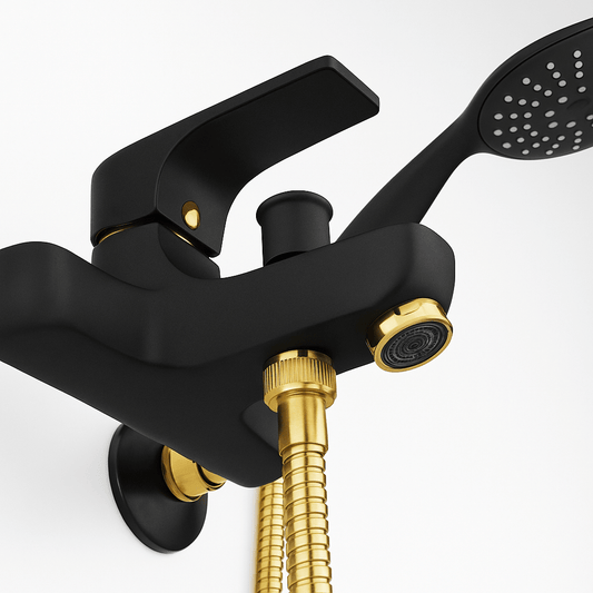 GS Rubinetterie 2460 Wall Mounted Bath Shower Mixer Set with Hand Shower, Premium Brass Construction, Single Lever Control, Black Gold Finish