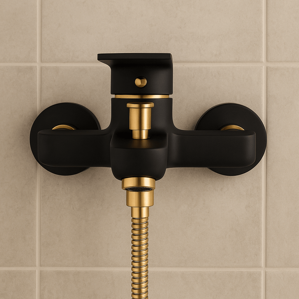 GS Rubinetterie Premium Wall Mounted Single Lever Bath Shower Mixer with Hand Shower Set, Black Gold