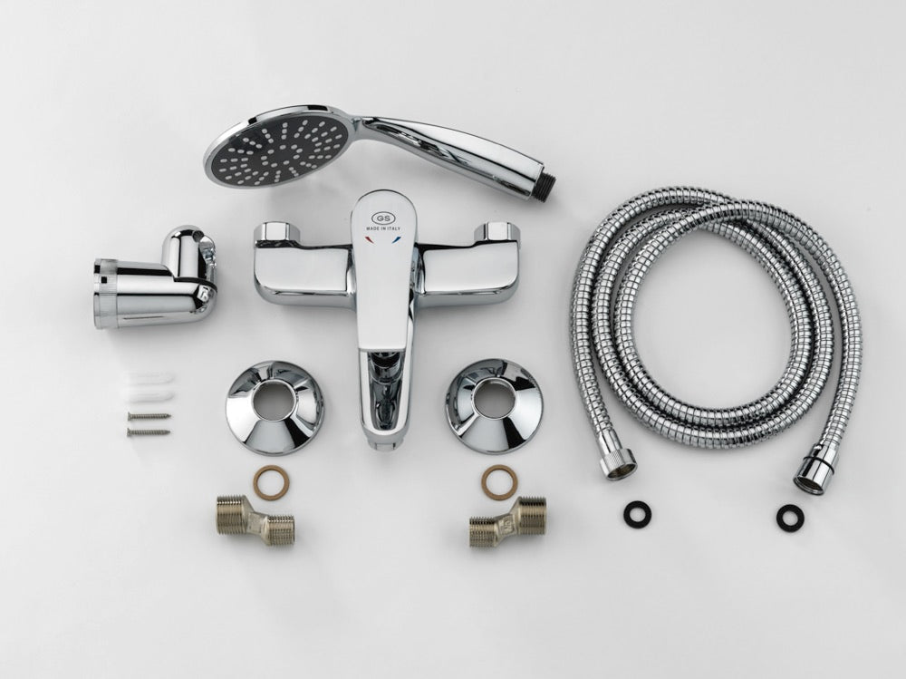GS Rubinetterie Premium Wall Mounted Single Lever Bath Shower Mixer with Hand Shower Set, Chrome
