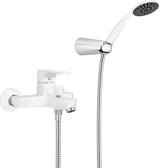 GS Rubinetterie Premium Wall Mounted Single Lever Bath Shower Mixer with Hand Shower Set, White Chrome