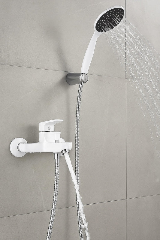 GS Rubinetterie 2460 Wall Mounted Bath Shower Mixer Set with Hand Shower, Premium Brass Construction, Single Lever Control, White Chrome Finish