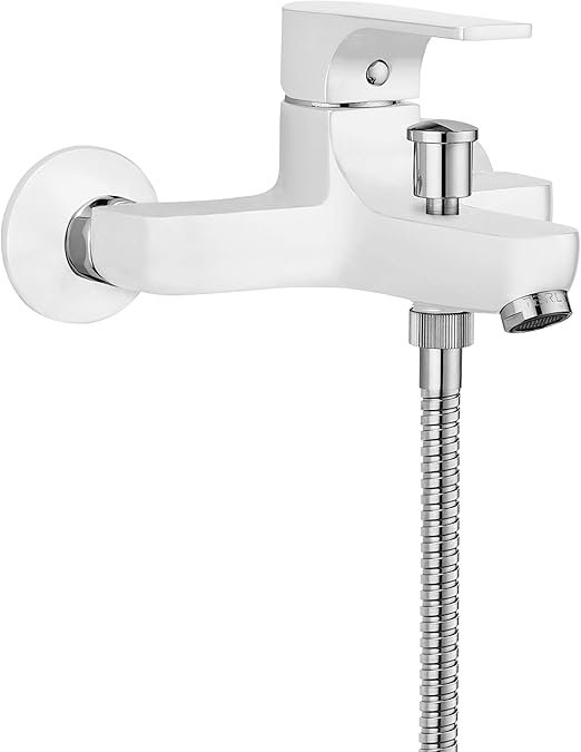 GS Rubinetterie Premium Wall Mounted Single Lever Bath Shower Mixer with Hand Shower Set, White Chrome
