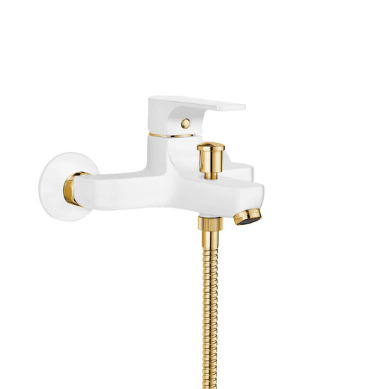 GS Rubinetterie Premium Wall Mounted Single Lever Bath Shower Mixer with Hand Shower Set, White Gold