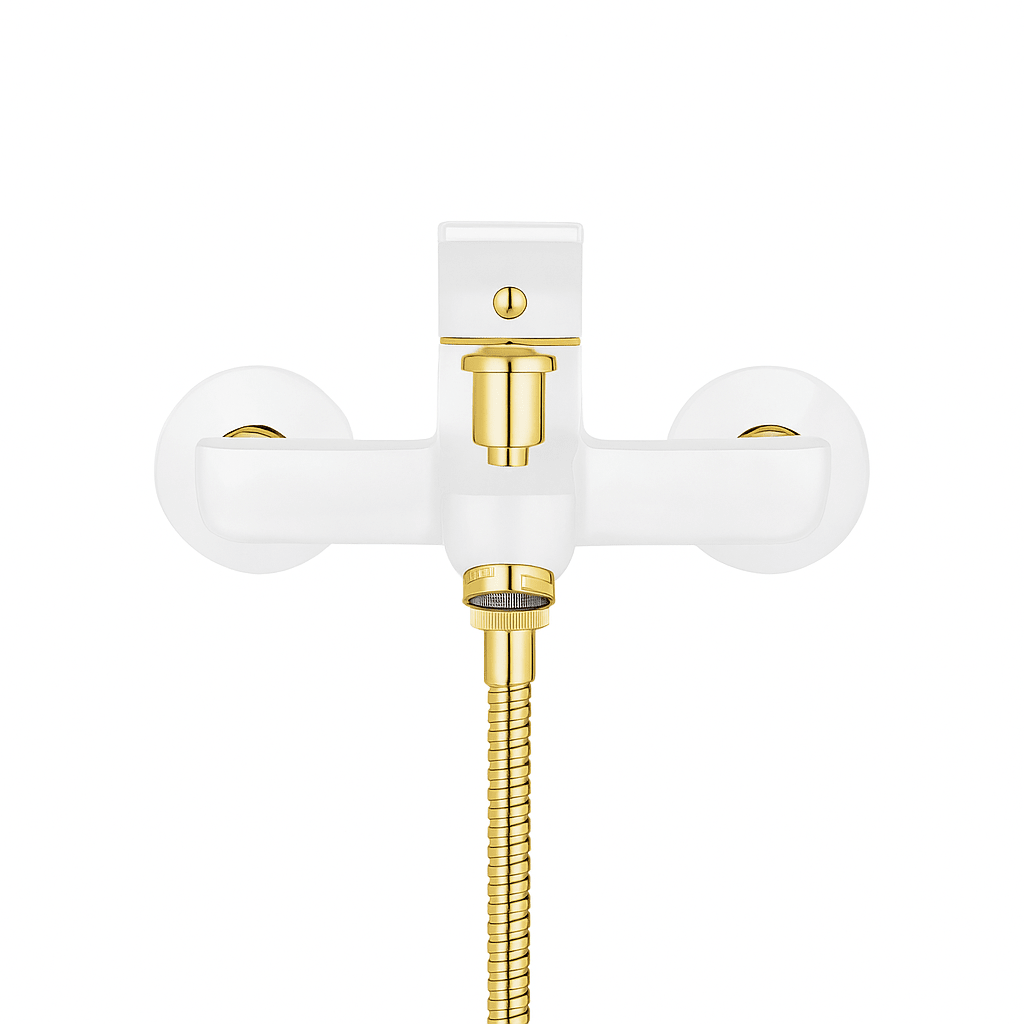GS Rubinetterie 2460 Wall Mounted Bath Shower Mixer Set with Hand Shower, Premium Brass Construction, Single Lever Control, White Gold Finish