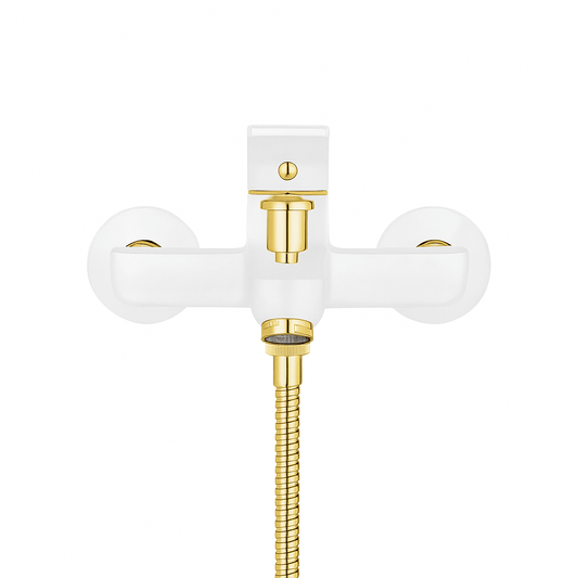 GS Rubinetterie Premium Wall Mounted Single Lever Bath Shower Mixer with Hand Shower Set, White Gold
