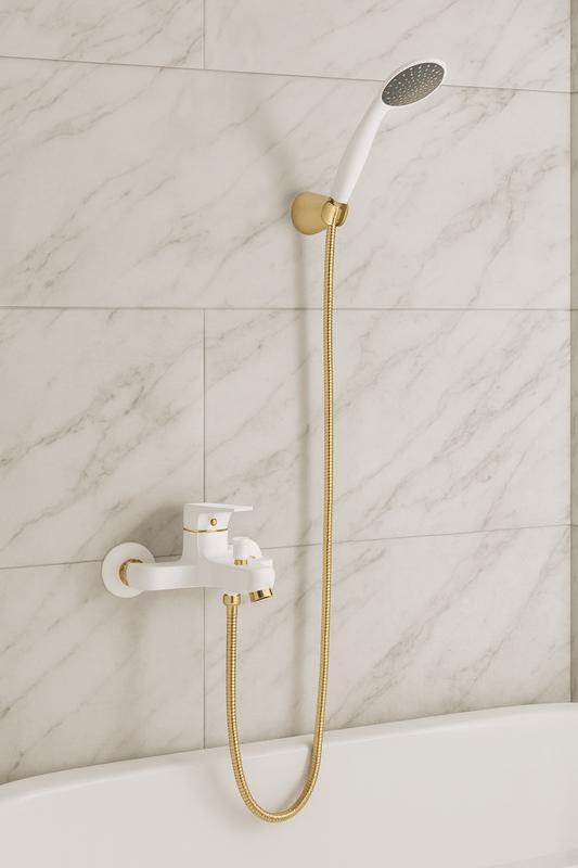 GS Rubinetterie Premium Wall Mounted Single Lever Bath Shower Mixer with Hand Shower Set, White Gold