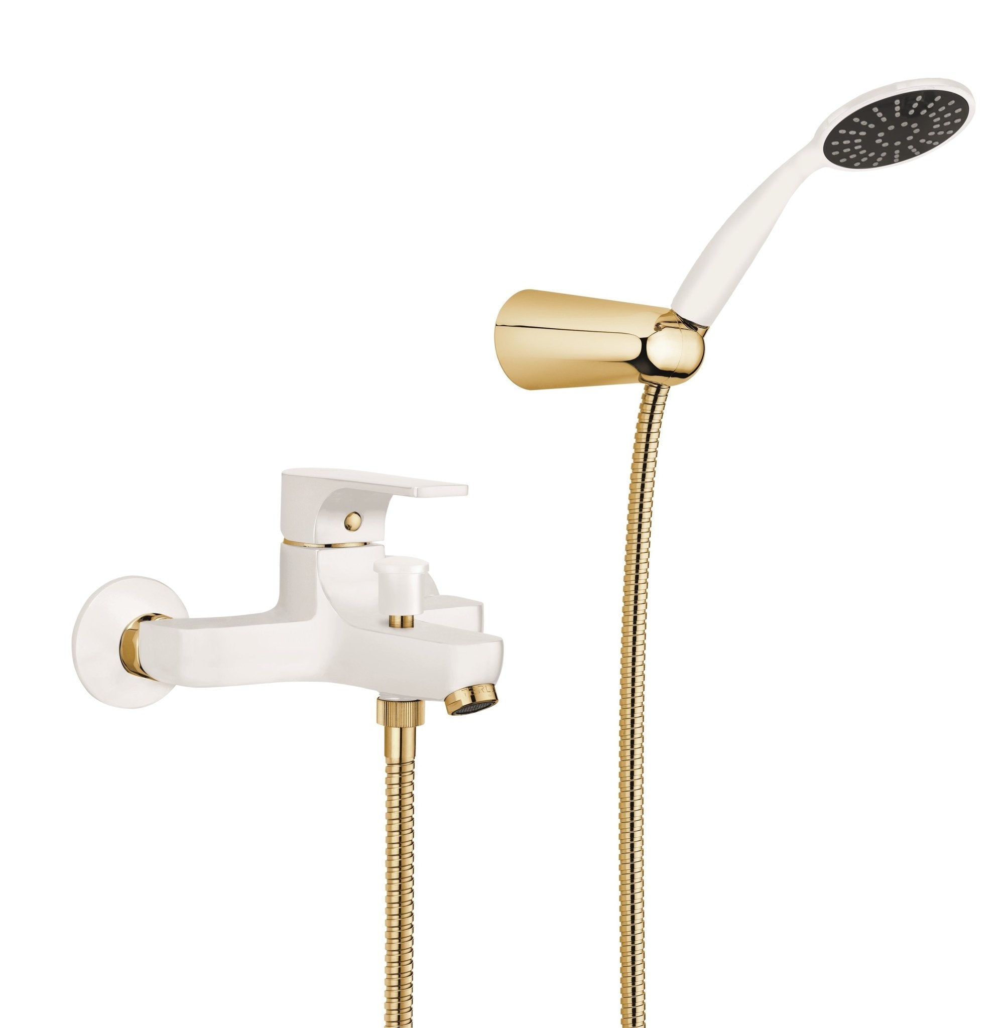 GS Rubinetterie 2460 Wall Mounted Bath Shower Mixer Set with Hand Shower, Premium Brass Construction, Single Lever Control, White Gold Finish