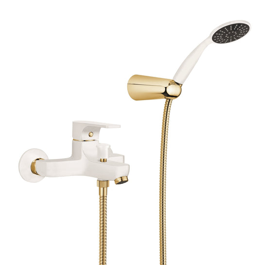 GS Rubinetterie Premium Wall Mounted Single Lever Bath Shower Mixer with Hand Shower Set, White Gold