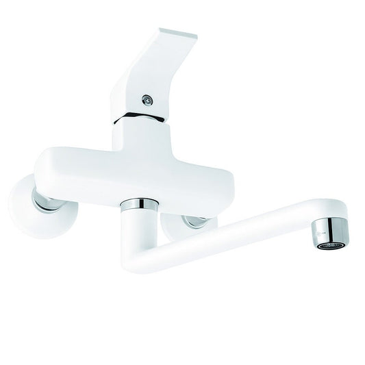 GS Rubinetterie Premium Wall Mounted Sink Mixer Single Lever with Swivel Spout, White Chrome