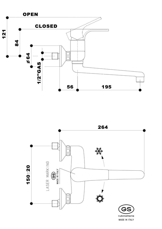 GS Rubinetterie Premium Wall Mounted Sink Mixer Single Lever with Swivel Spout, White Chrome