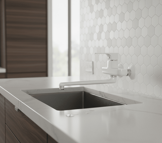GS Rubinetterie Premium Wall Mounted Sink Mixer Single Lever with Swivel Spout, White Chrome