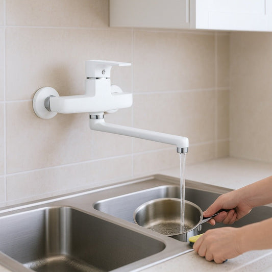 GS Rubinetterie Premium Wall Mounted Sink Mixer Single Lever with Swivel Spout, White Chrome