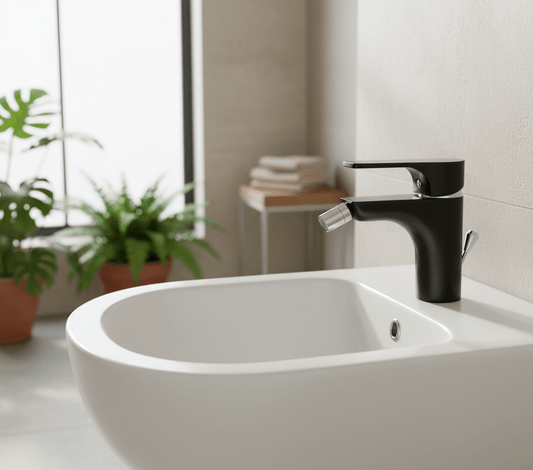 GS Rubinetterie SLIM Premium Single Lever Bidet Faucet with Adjustable Aerator Spout & Pop-Up Waste, Energy saving Cartridge, Black Chrome