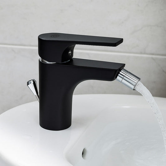 GS Rubinetterie SLIM Premium Single Lever Bidet Faucet with Adjustable Aerator Spout & Pop-Up Waste, Energy saving Cartridge, Black Chrome