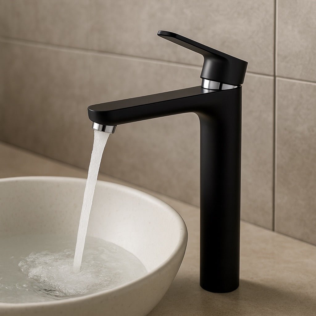 GS Rubinetterie 2463 SLIM High Basin Mixer Tap with Click-Clack Waste, Energy Saving Cartridge, Premium Brass Bathroom Faucet, Black Chrome Finish