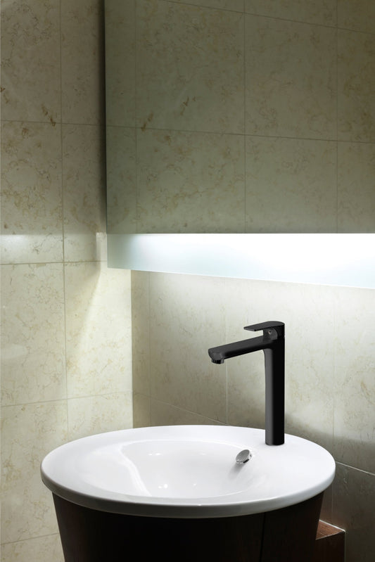 GS Rubinetterie 2463 SLIM High Basin Mixer Tap with Click-Clack Waste, Energy Saving Cartridge, Premium Brass Bathroom Faucet, Black Chrome Finish