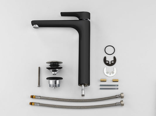 GS Rubinetterie 2463 SLIM High Basin Mixer Tap with Click-Clack Waste, Energy Saving Cartridge, Premium Brass Bathroom Faucet, Black Chrome Finish