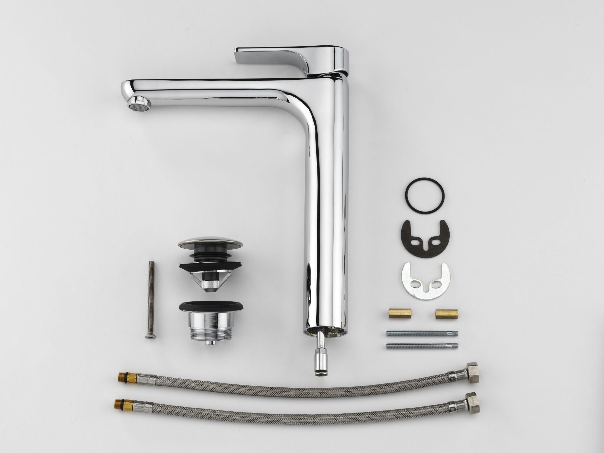 GS Rubinetterie 2463 SLIM High Basin Mixer Tap with Click-Clack Waste, Energy Saving Cartridge, Premium Brass Bathroom Faucet, Chrome Finish