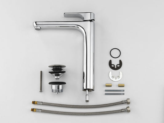 GS Rubinetterie Slim Premium Single Lever High Bath Basin Faucet with Clack Waste, Energy Saving Cartridge, Chrome