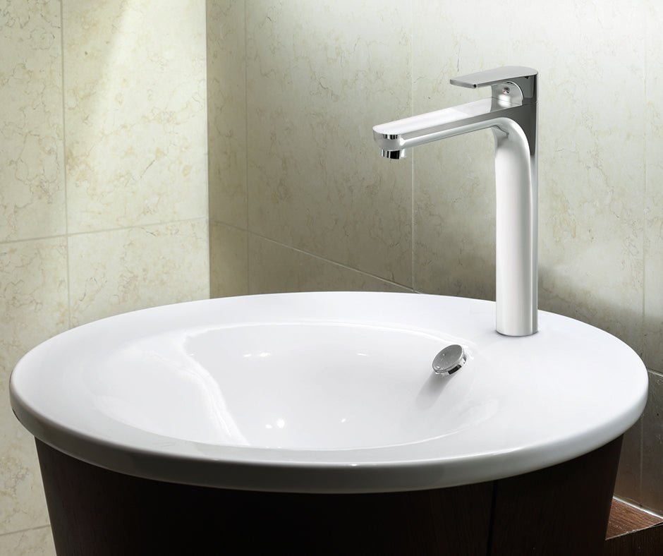 GS Rubinetterie 2463 SLIM High Basin Mixer Tap with Click-Clack Waste, Energy Saving Cartridge, Premium Brass Bathroom Faucet, Chrome Finish