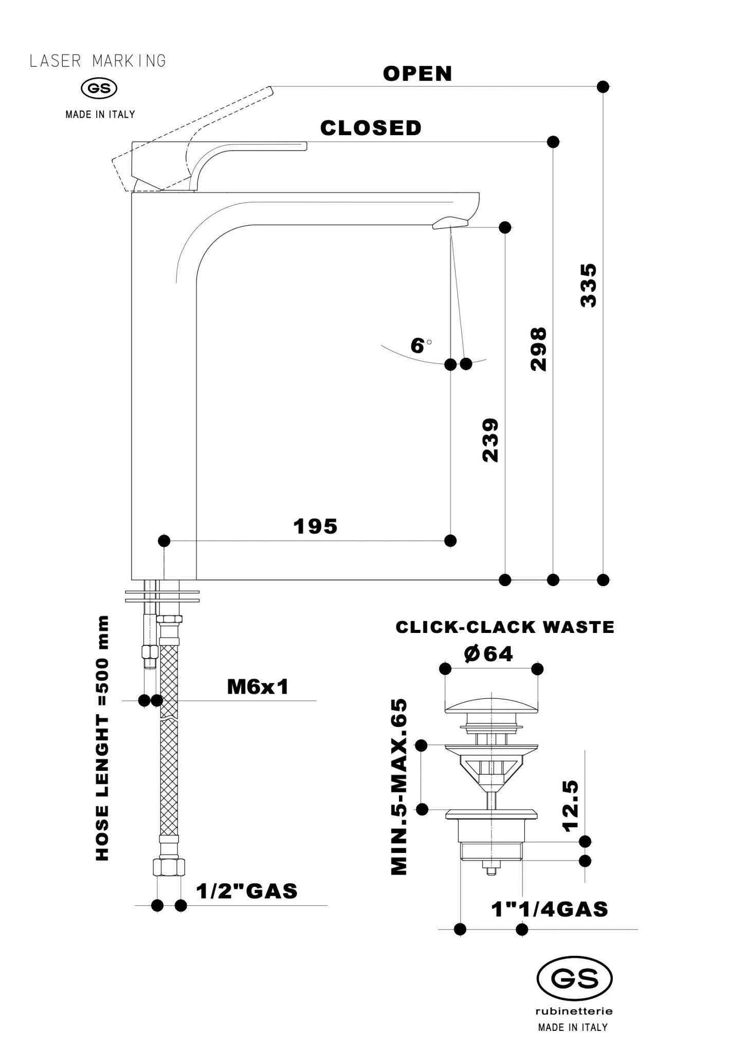 GS Rubinetterie 2463 SLIM High Basin Mixer Tap with Click-Clack Waste, Energy Saving Cartridge, Premium Brass Bathroom Faucet, Black Chrome Finish