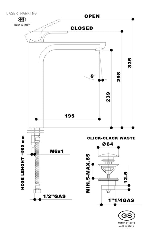 GS Rubinetterie 2463 SLIM High Basin Mixer Tap with Click-Clack Waste, Energy Saving Cartridge, Premium Brass Bathroom Faucet, Black Chrome Finish