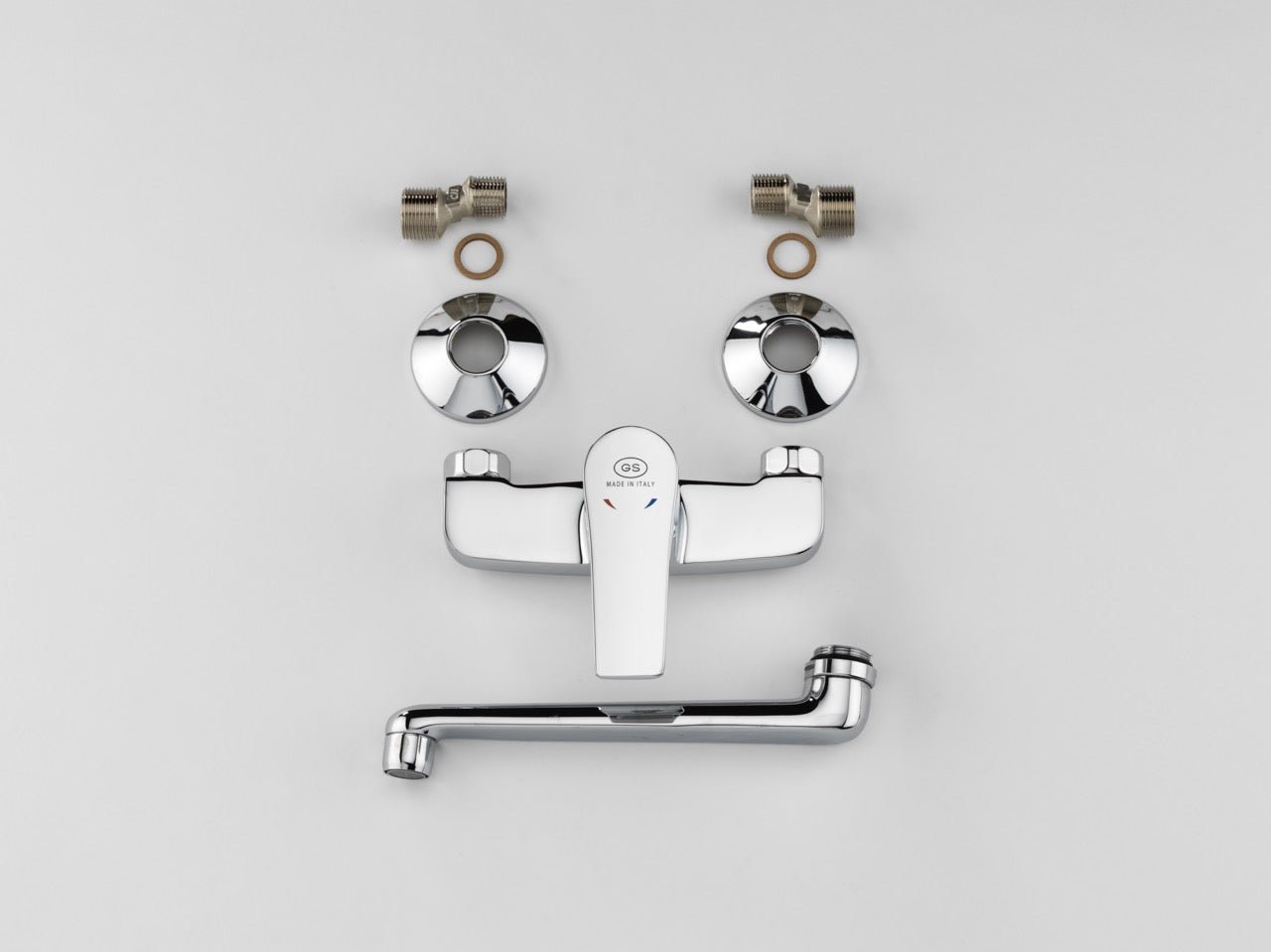 GS Rubinetterie 2472 Wall Mounted Kitchen Sink Mixer Tap with Swivel Spout, Single Lever Control, Energy Saving Cartridge, Premium Brass Faucet, Chrome Finish
