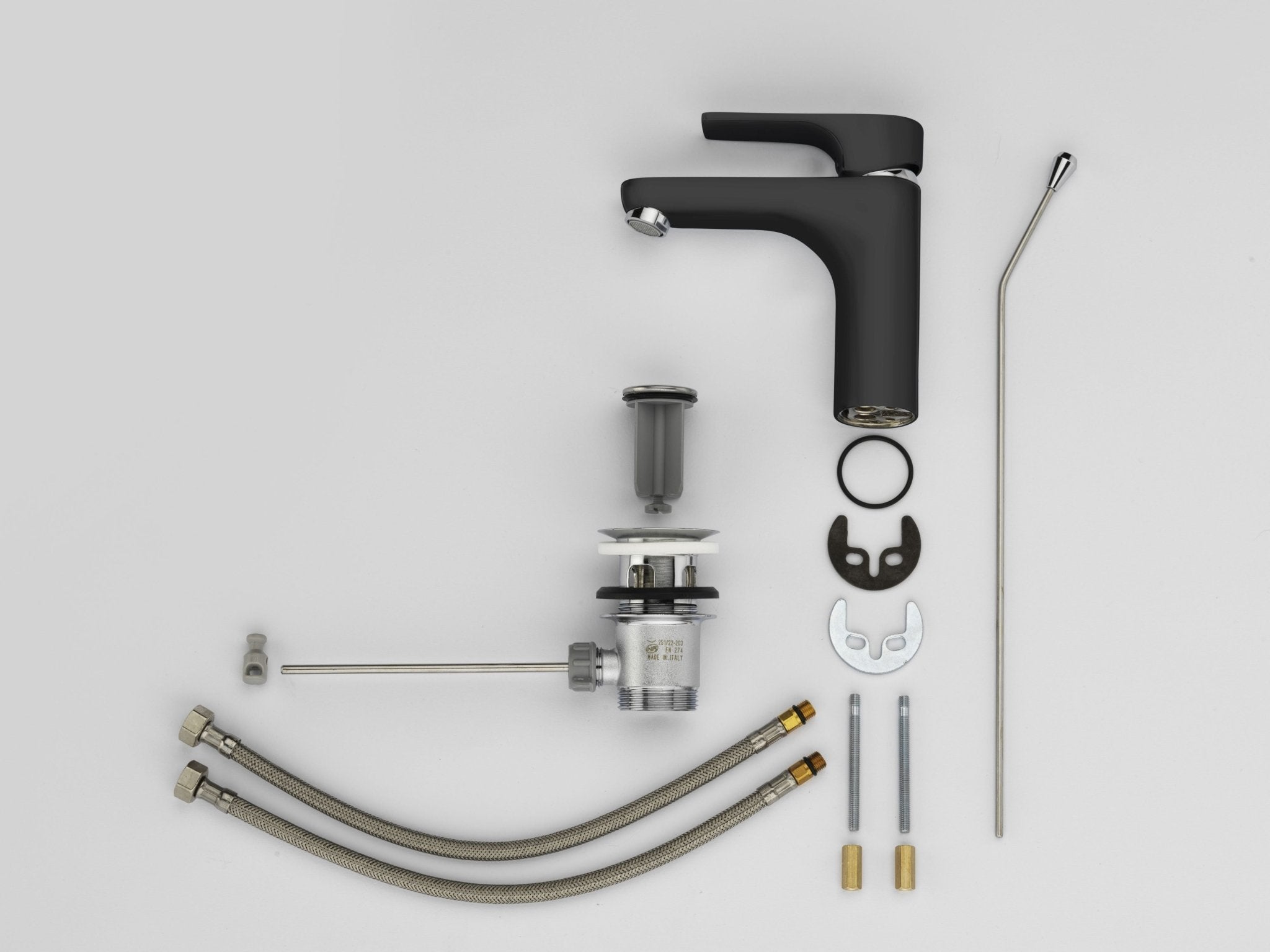 GS Rubinetterie 2462 SLIM Single Lever Basin Mixer Tap with Pop-Up Waste, Energy Saving Cartridge, Premium Brass Bathroom Faucet, Black Chrome Finish