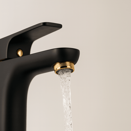 GS Rubinetterie SLIM Single Lever Basin Faucet with Pop-Up Waste, Energy Saving Cartridge, Black Gold