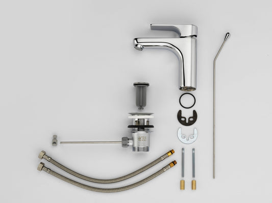 GS Rubinetterie 2462 SLIM Single Lever Basin Mixer Tap with Pop-Up Waste, Energy Saving Cartridge, Premium Brass Bathroom Faucet, Chrome Finish